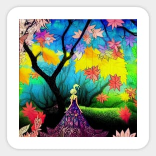 Anime Princess in Colourful Forrest - Colourful Artwork Sticker